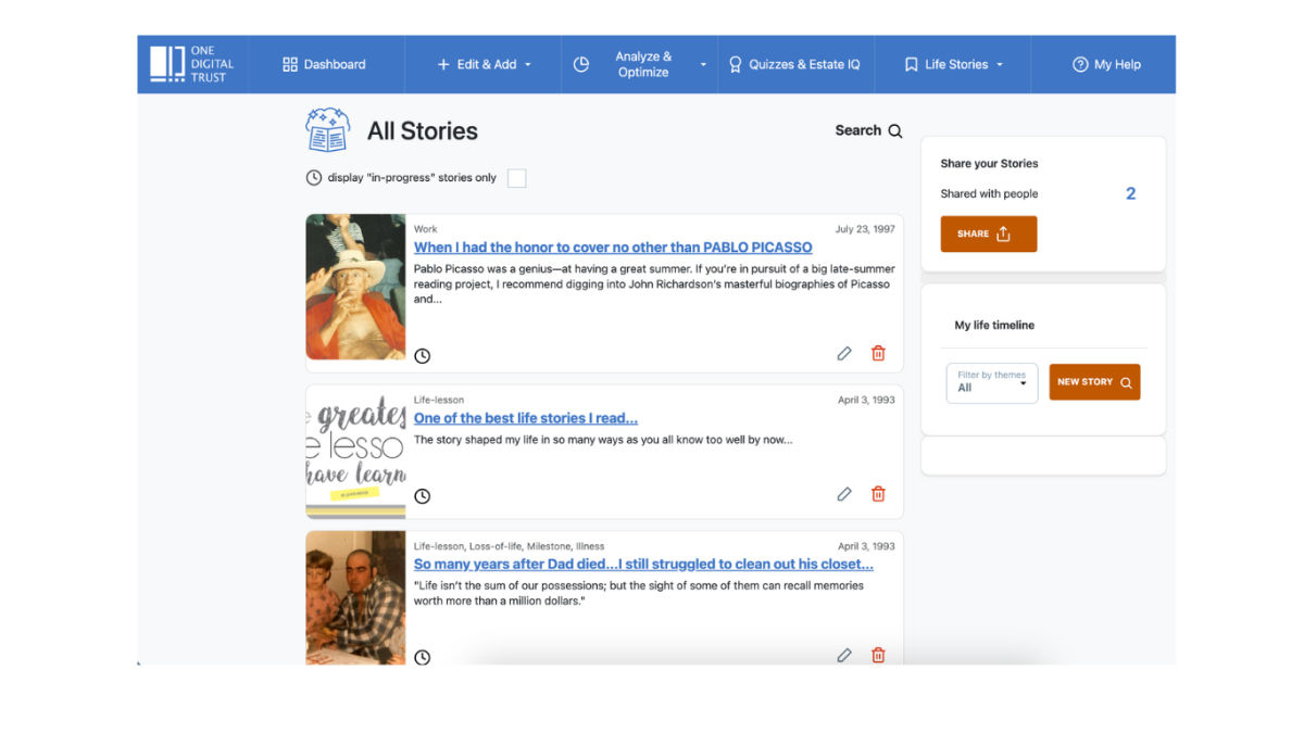 Screenshot of the Life Stories screen on the OneDigitalTrust platform.