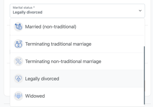 List of marital status options including Legally Divorced, Married (non-traditional), Terminating Traditional Marriage, Terminating Non-Traditional Marriage, and Widowed.
