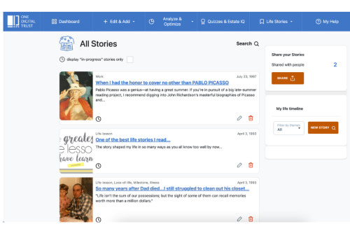 Screenshot of the Life Stories screen on the OneDigitalTrust platform.